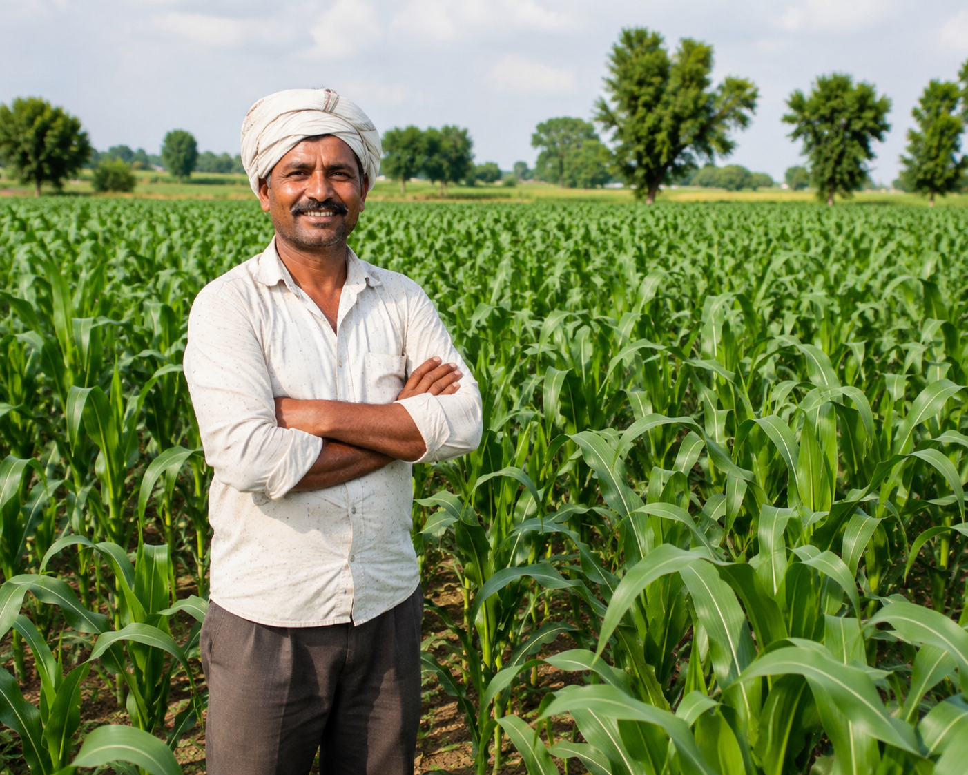 Farmer standing in a healthy green crop field